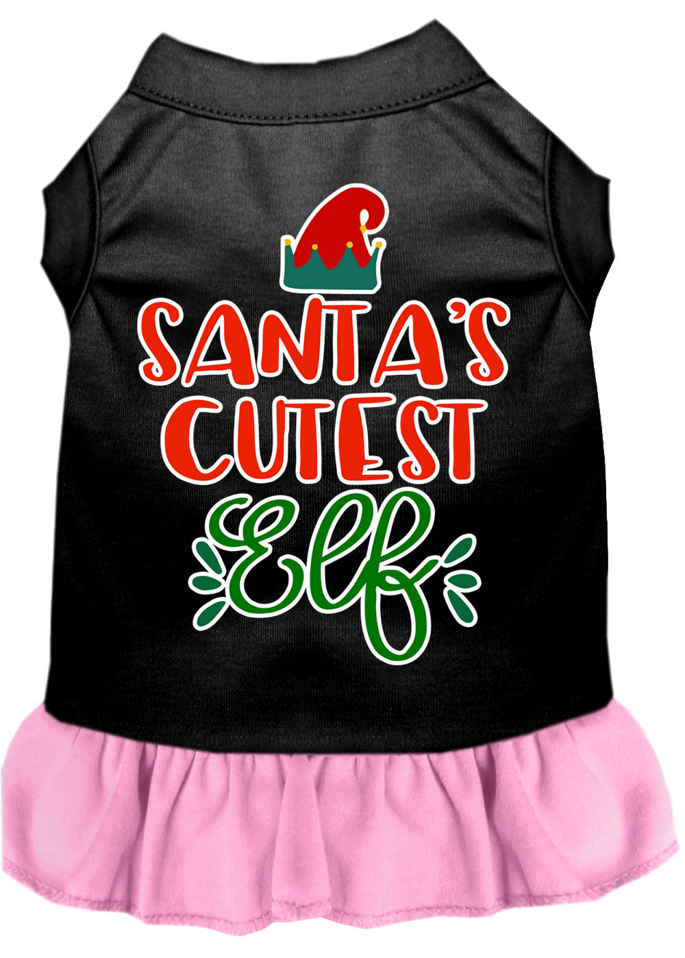 Santa's Cutest Elf Screen Print Dog Dress Black with Light Pink Sm